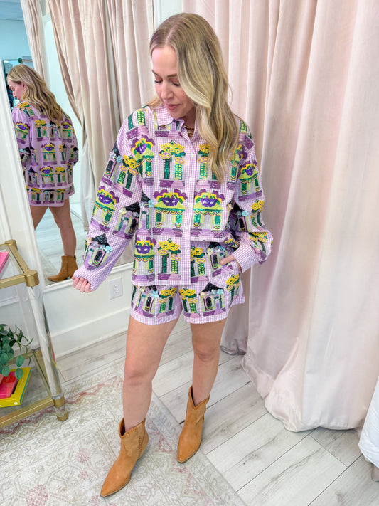 Gingham Mardi Gras Porches Button Up Top