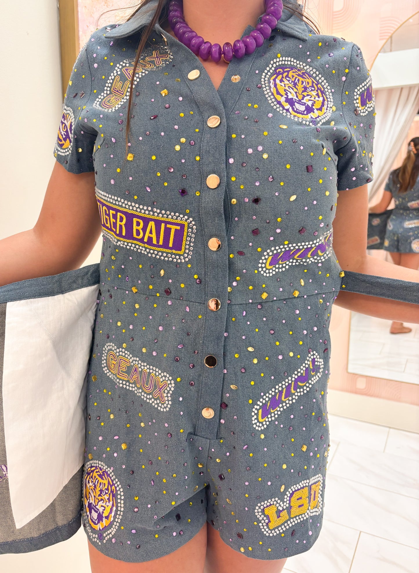 LSU Denim Rhinestone Logo Romper
