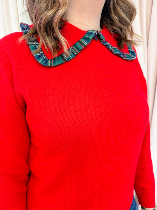 Annie Plaid Trim Ruffle Collar Sweater