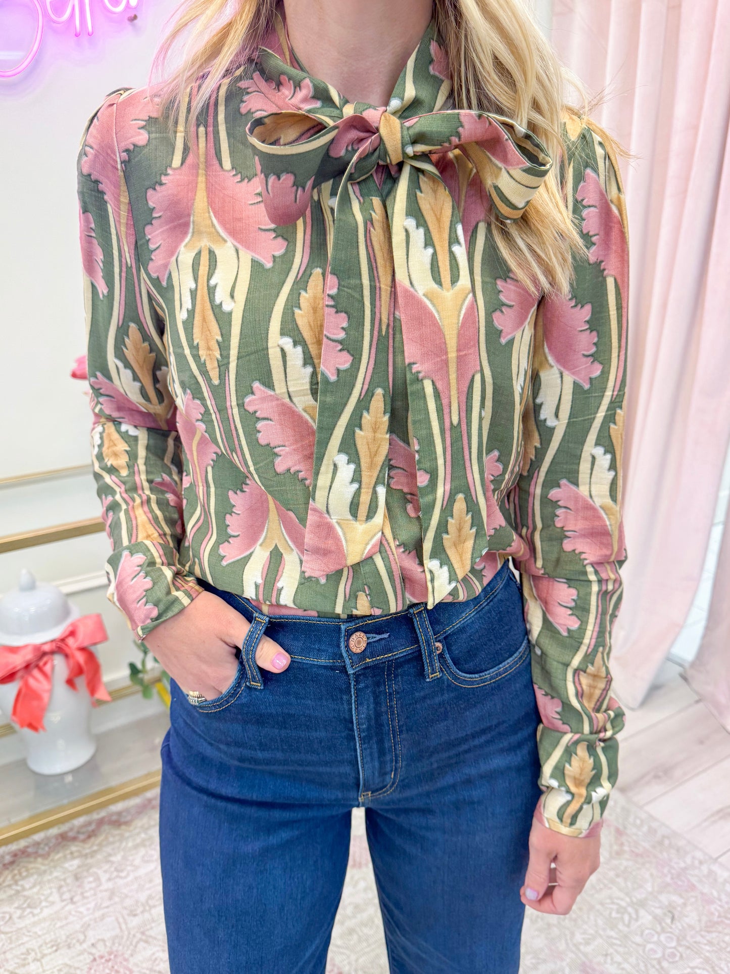 Paris Floral Tie Neck Blouse