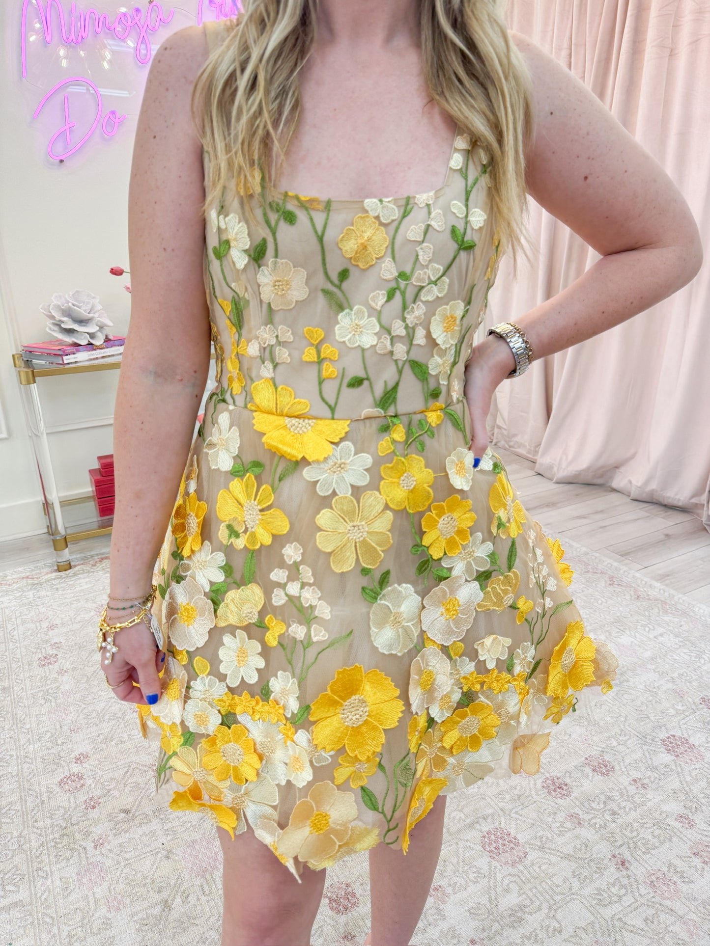 Golden Bloom Mini Dress