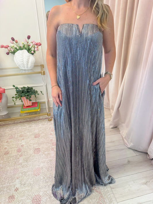 Athena Maxi Dress Pleated Silver