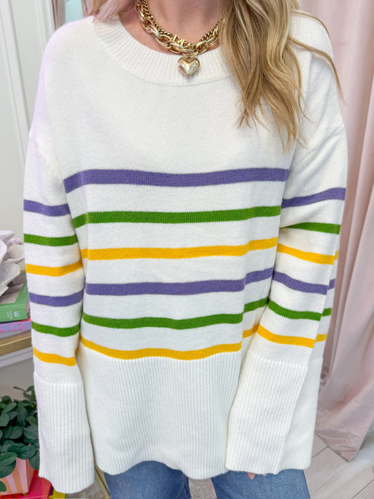 Ribbed Bottom Mardi Gras Stripe Long Sweater