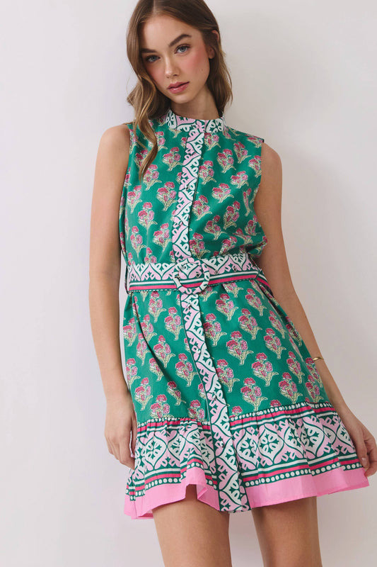 Floral Border Print Belted Mini Dress