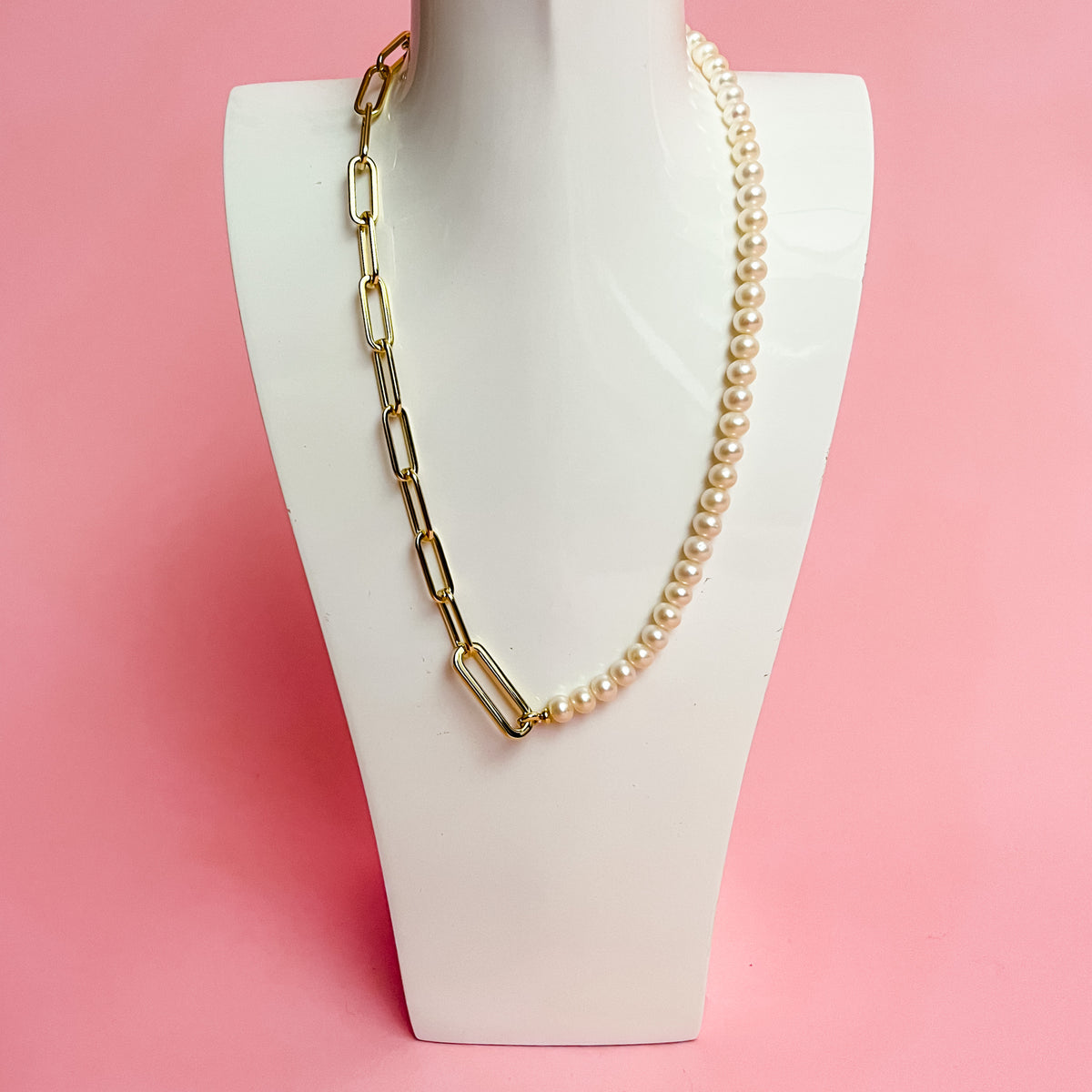 Ashton Gold Half Chain Necklace in White Pearl