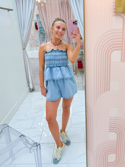 Riley Denim Ruffle Romper