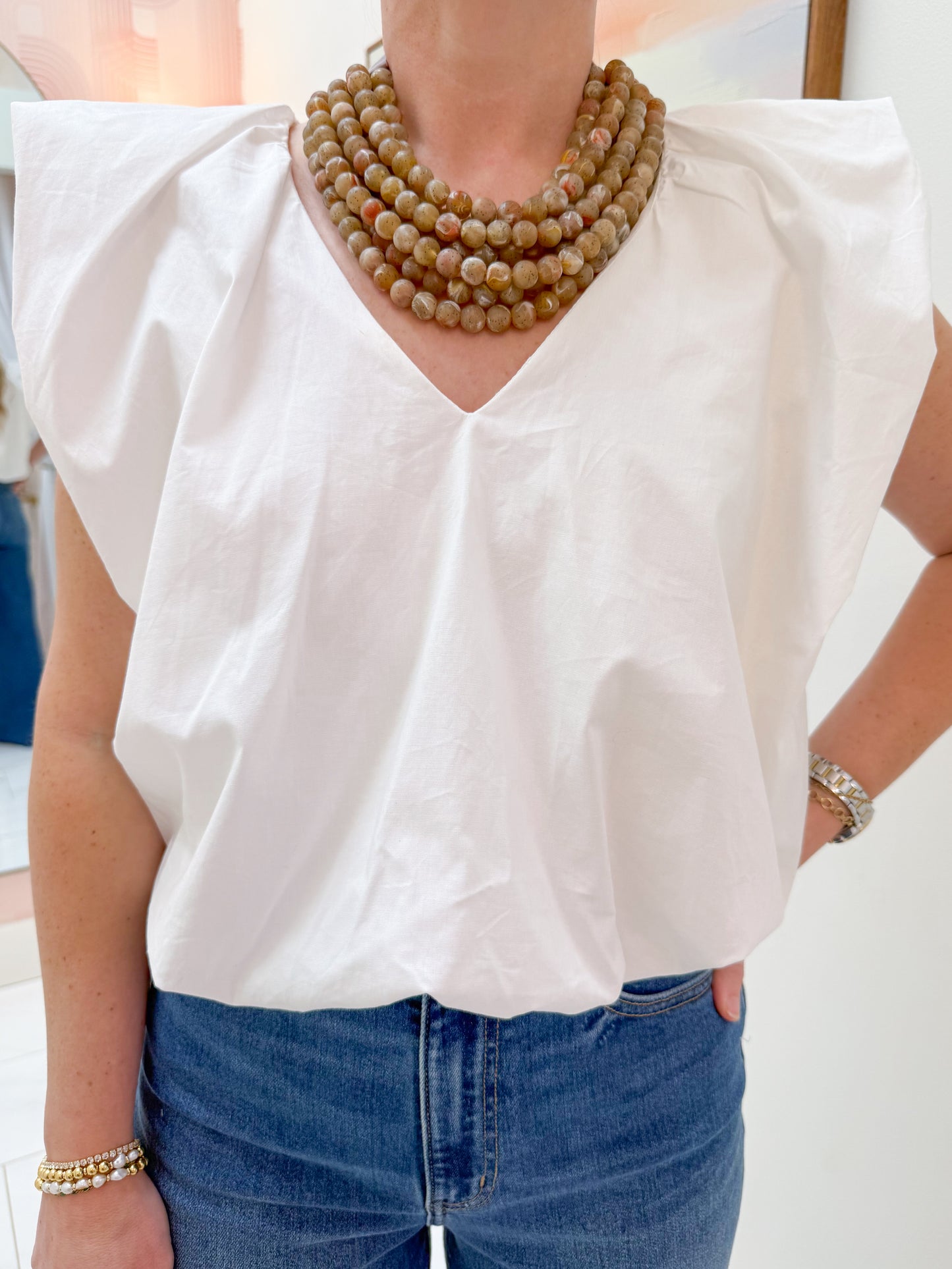 Bibi Poplin V-neck Bubble Top