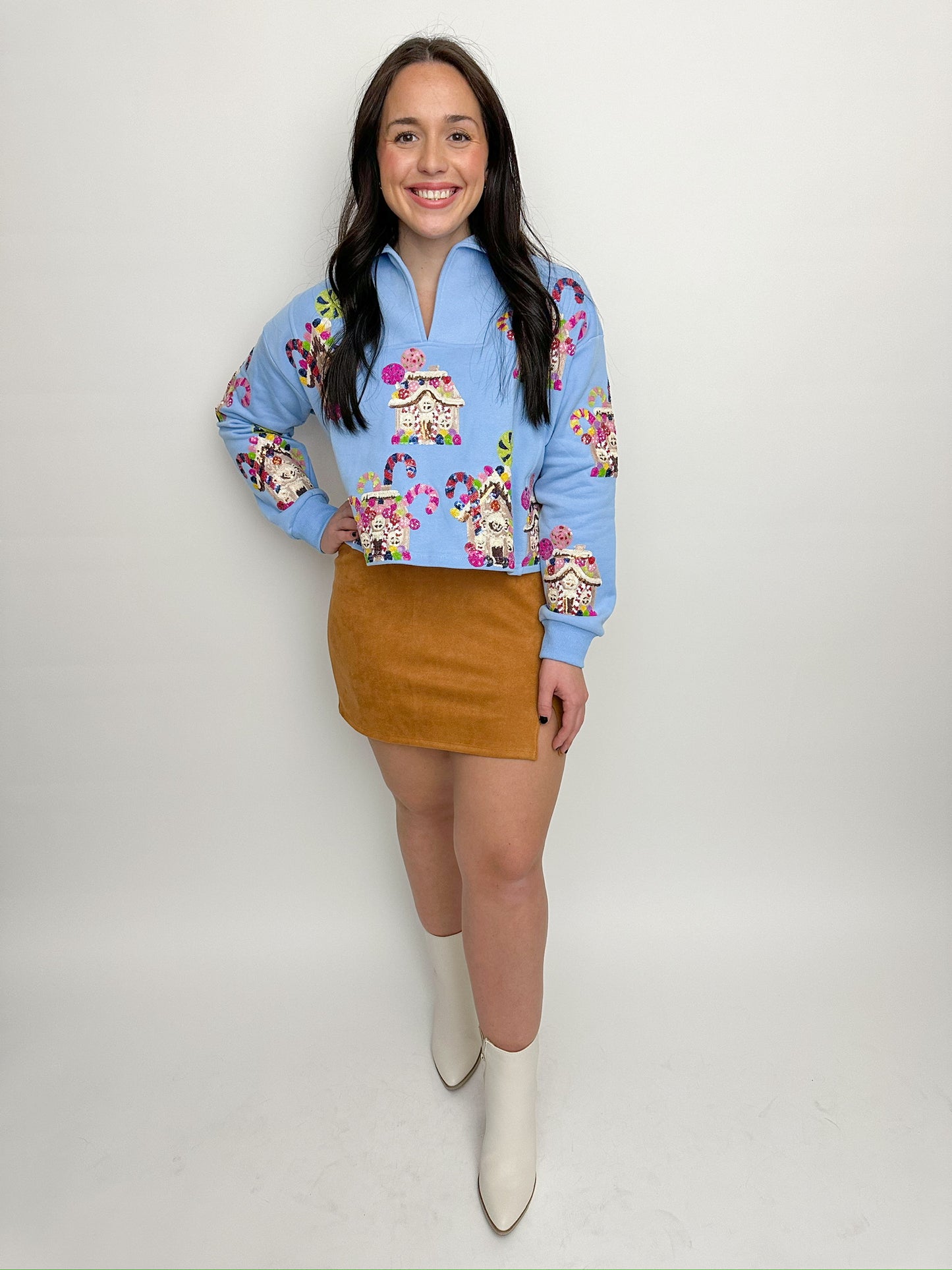 Sequin Gingerbread Houses Collar Sweatshirt