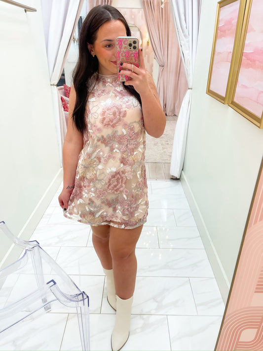 Soft Floral Sequin Mini Dress