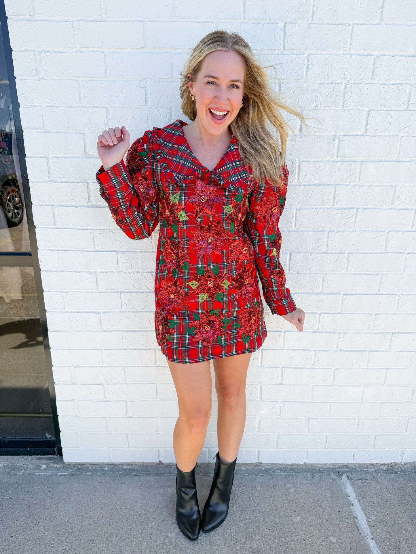 Plaid Poinsettia Collar Poof Sleeve Dress