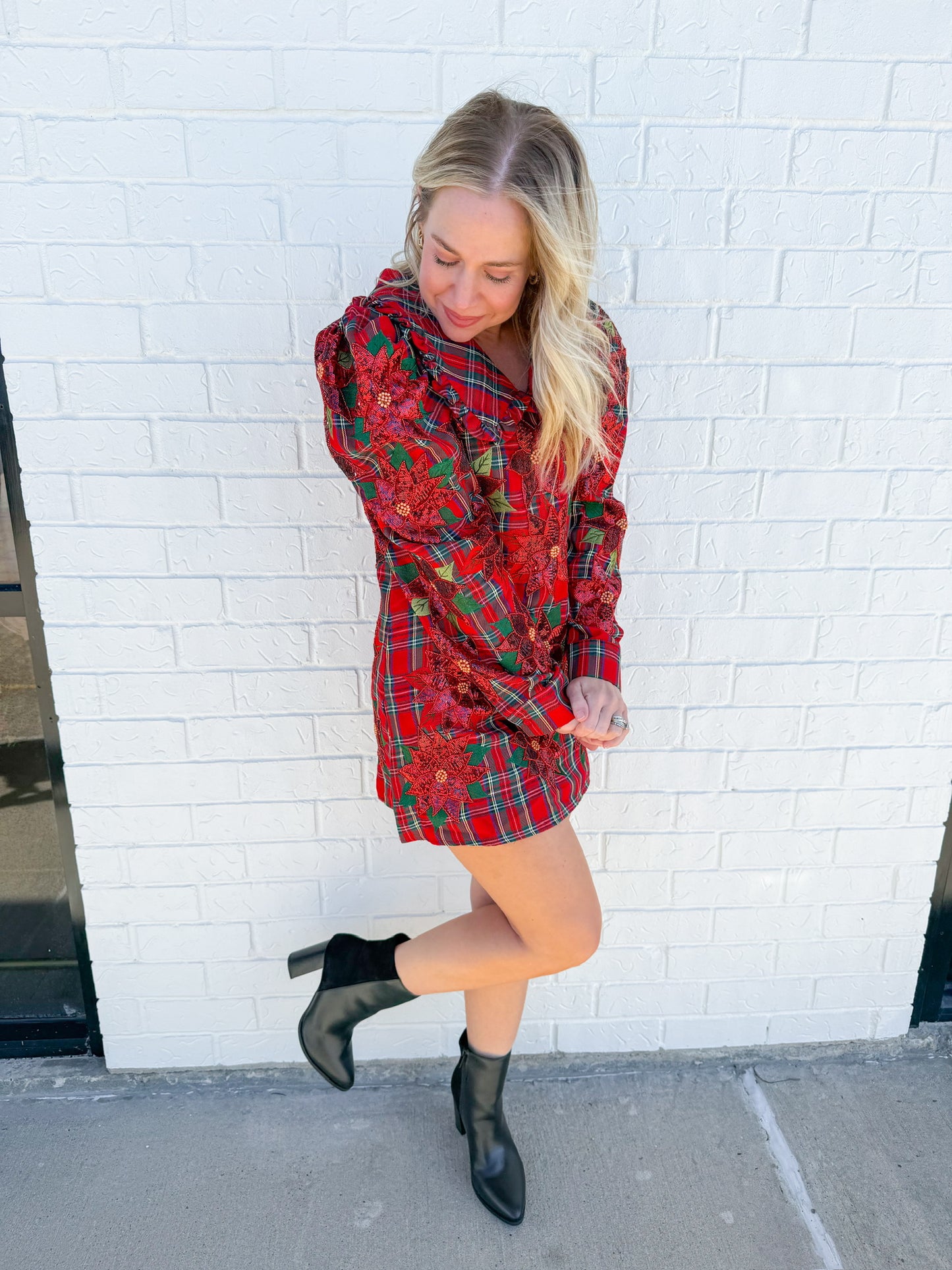 Plaid Poinsettia Collar Poof Sleeve Dress