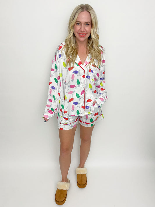 Satin Christmas Lights Pajama Short Set