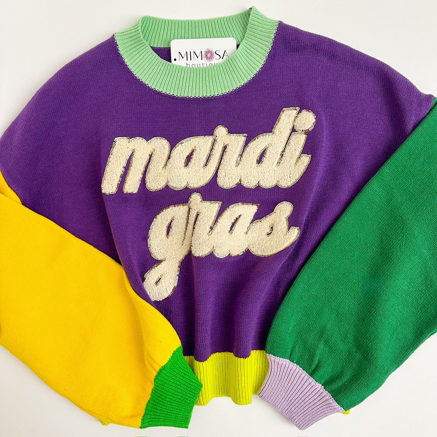 Colorblock Fuzzy Mardi Gras Sweater