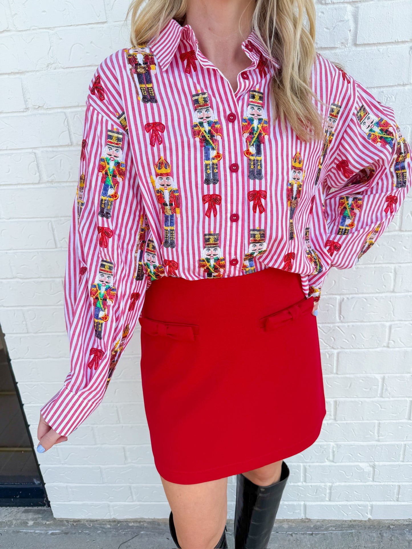 Stripe Nutcracker & Bow Button Up Top