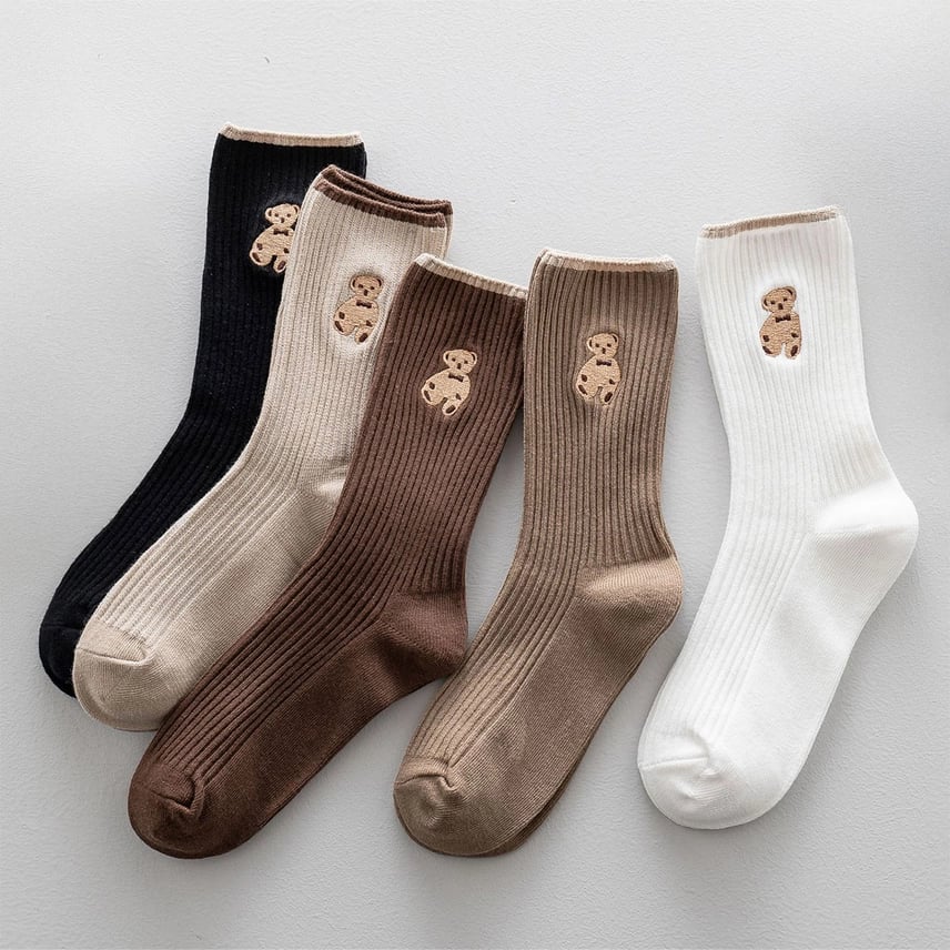 Teddy Bear Embroidered Crew Socks