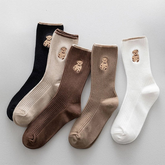 Teddy Bear Embroidered Crew Socks