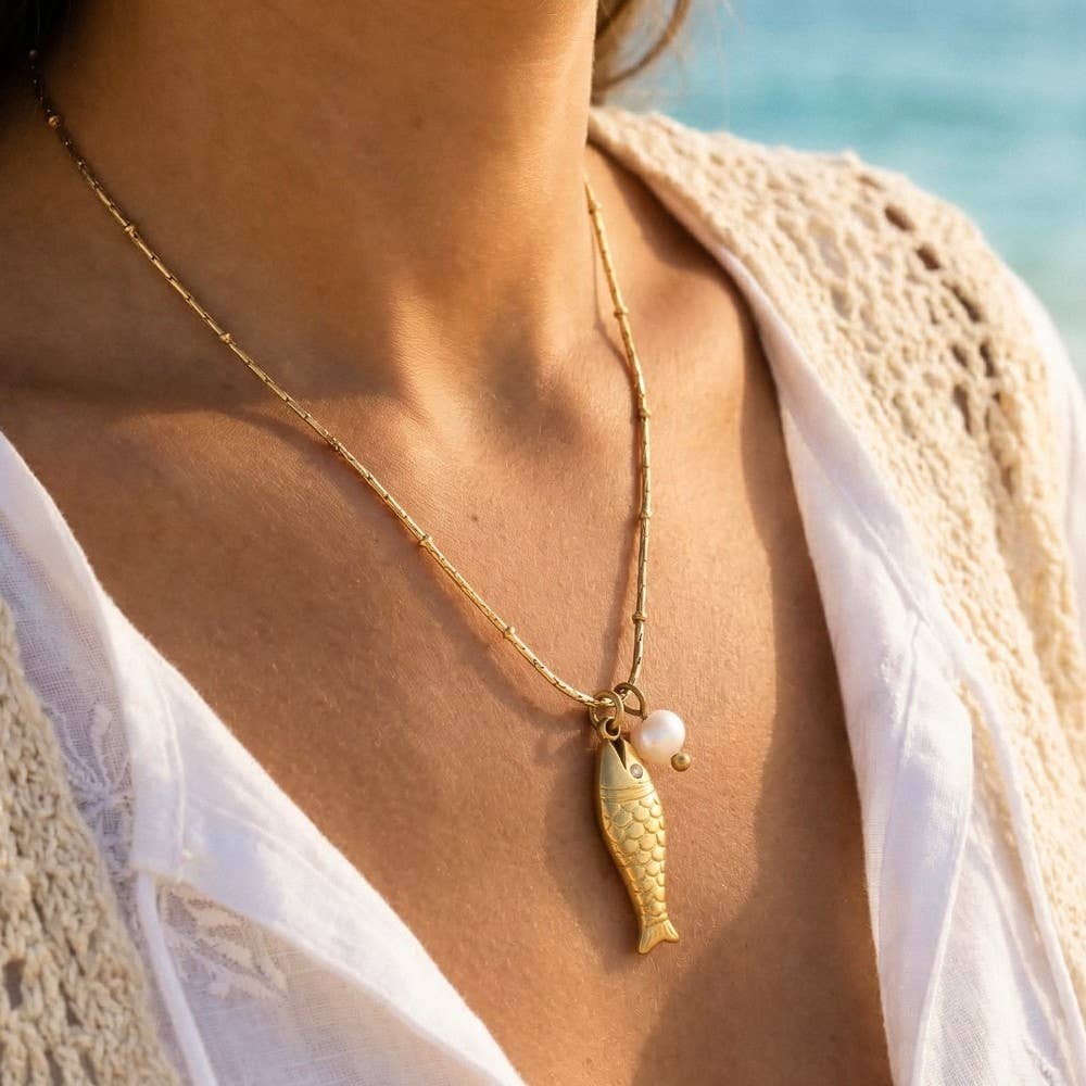 Stainless Steel Fish And Pearl Necklace