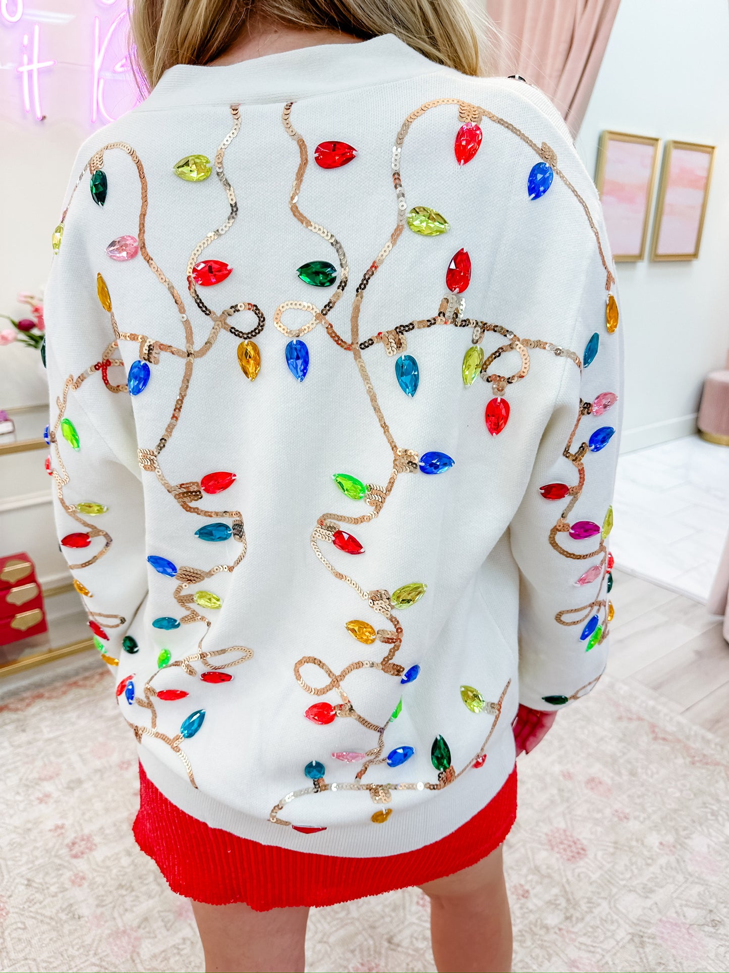 Multi Jeweled Christmas Lights Sweater Cardigan