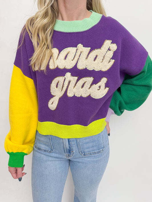 Colorblock Fuzzy Mardi Gras Sweater