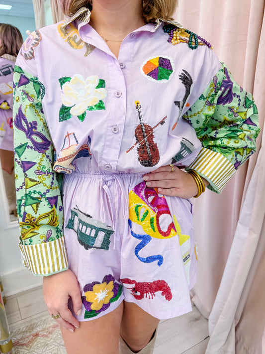 Colorblock Mardi Gras Icon Button Up Romper