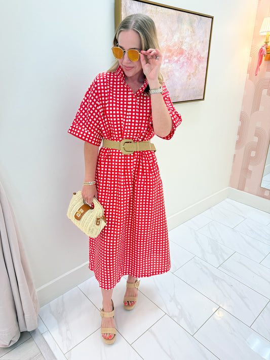 Townes Gingham Belted Midi Dress