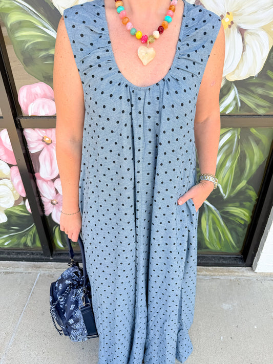 Denim Polka Dot Scoop Maxi Dress