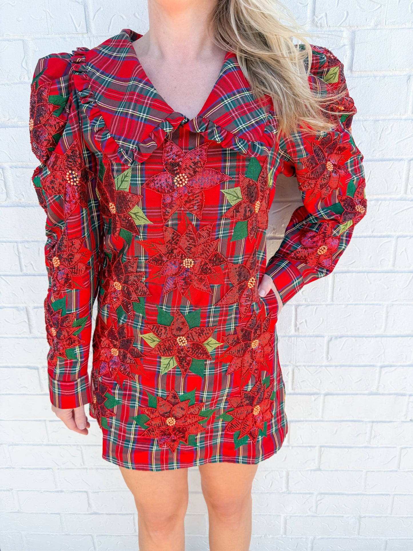 Plaid Poinsettia Collar Poof Sleeve Dress