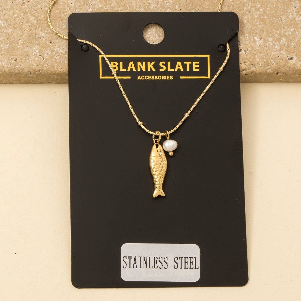 Stainless Steel Fish And Pearl Necklace
