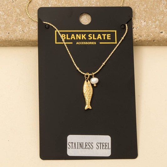 Stainless Steel Fish And Pearl Necklace