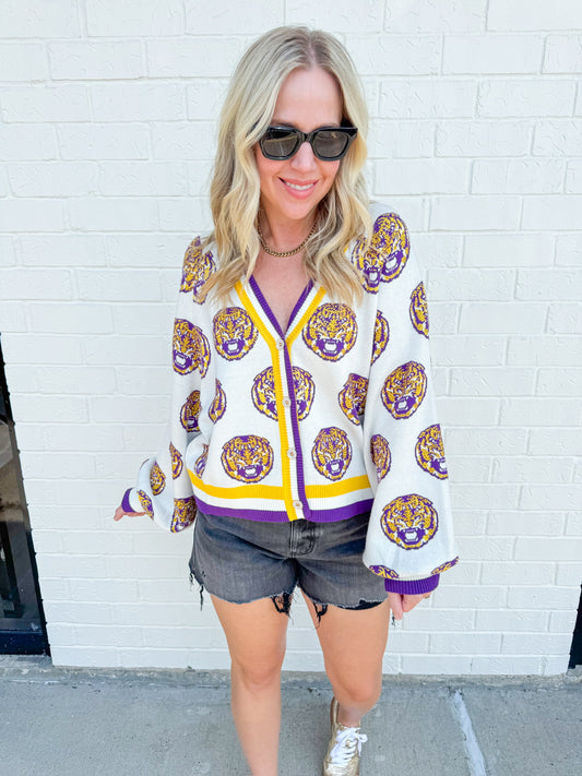 LSU Knit In Mascot Rhinestone Cardigan