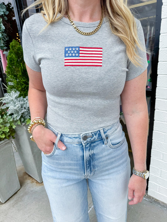 Flag Embroidered Micro Rib Baby Tee