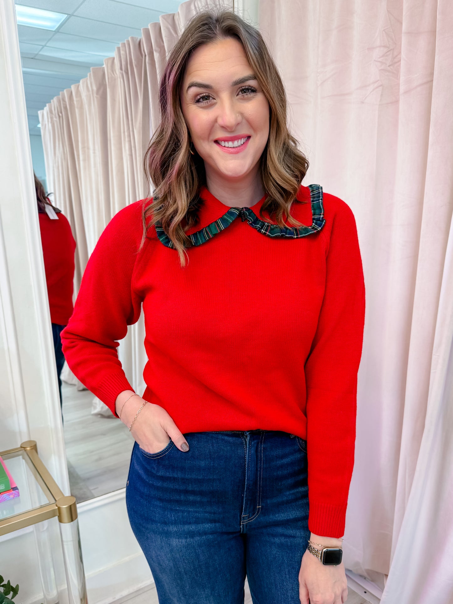 Annie Plaid Trim Ruffle Collar Sweater