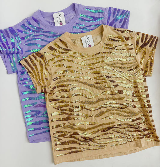 Seed Bead & Sequin Tiger Stripe Tee Lavender