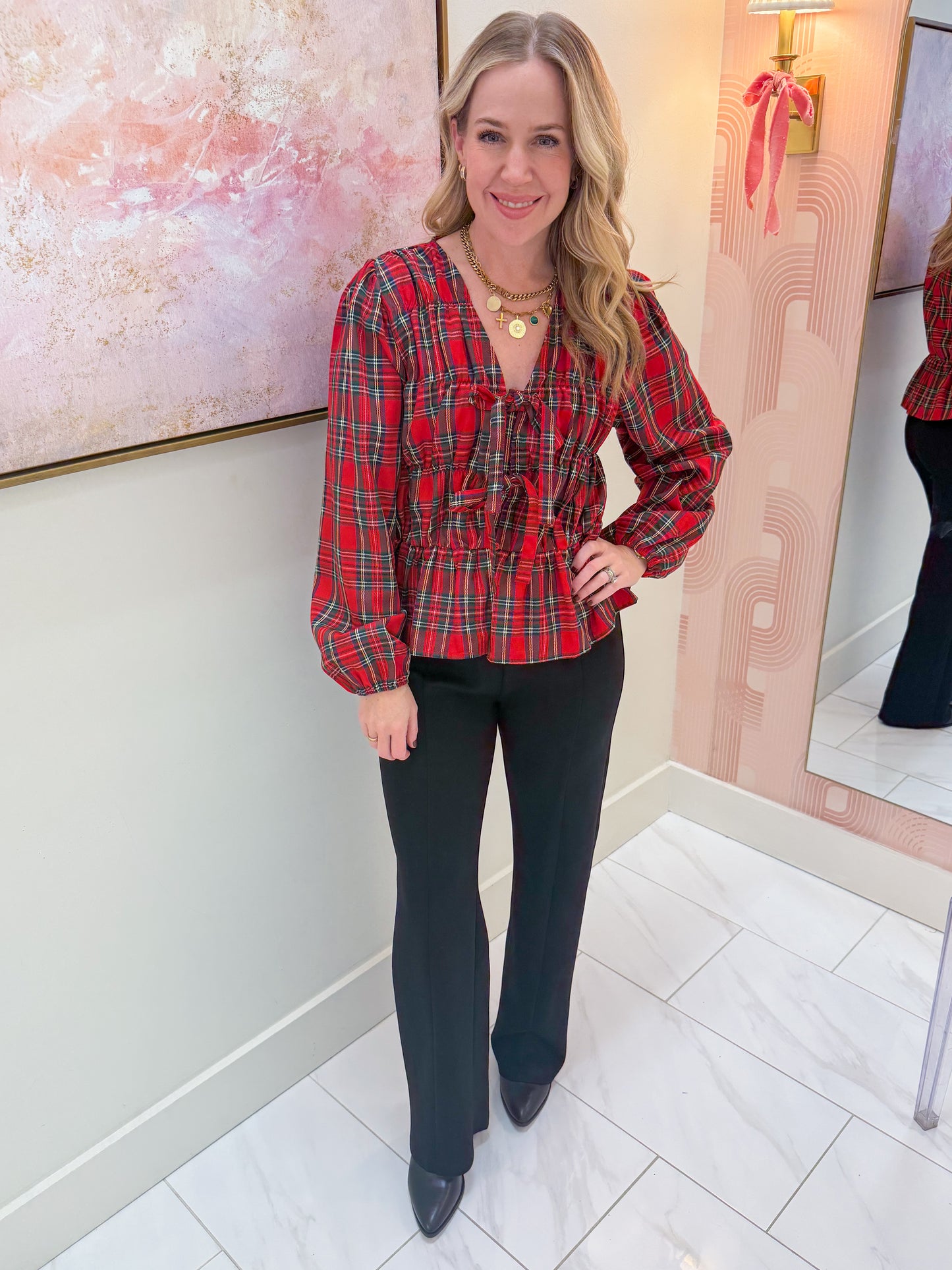 Tartan Tie Front Blouse