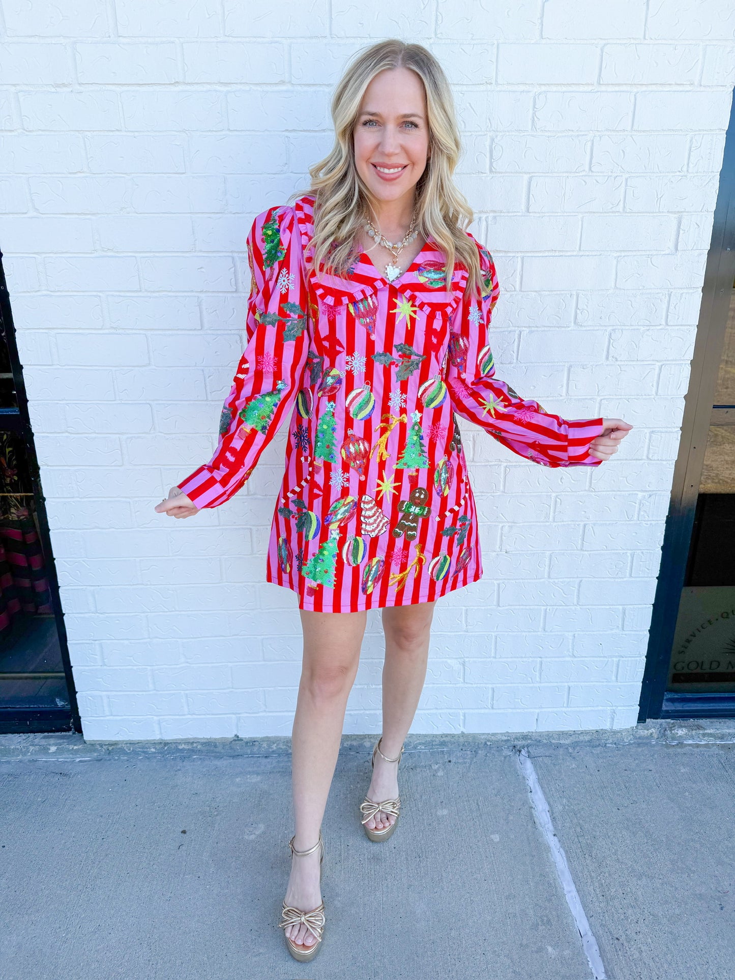Stripe Christmas Icon Collar Dress