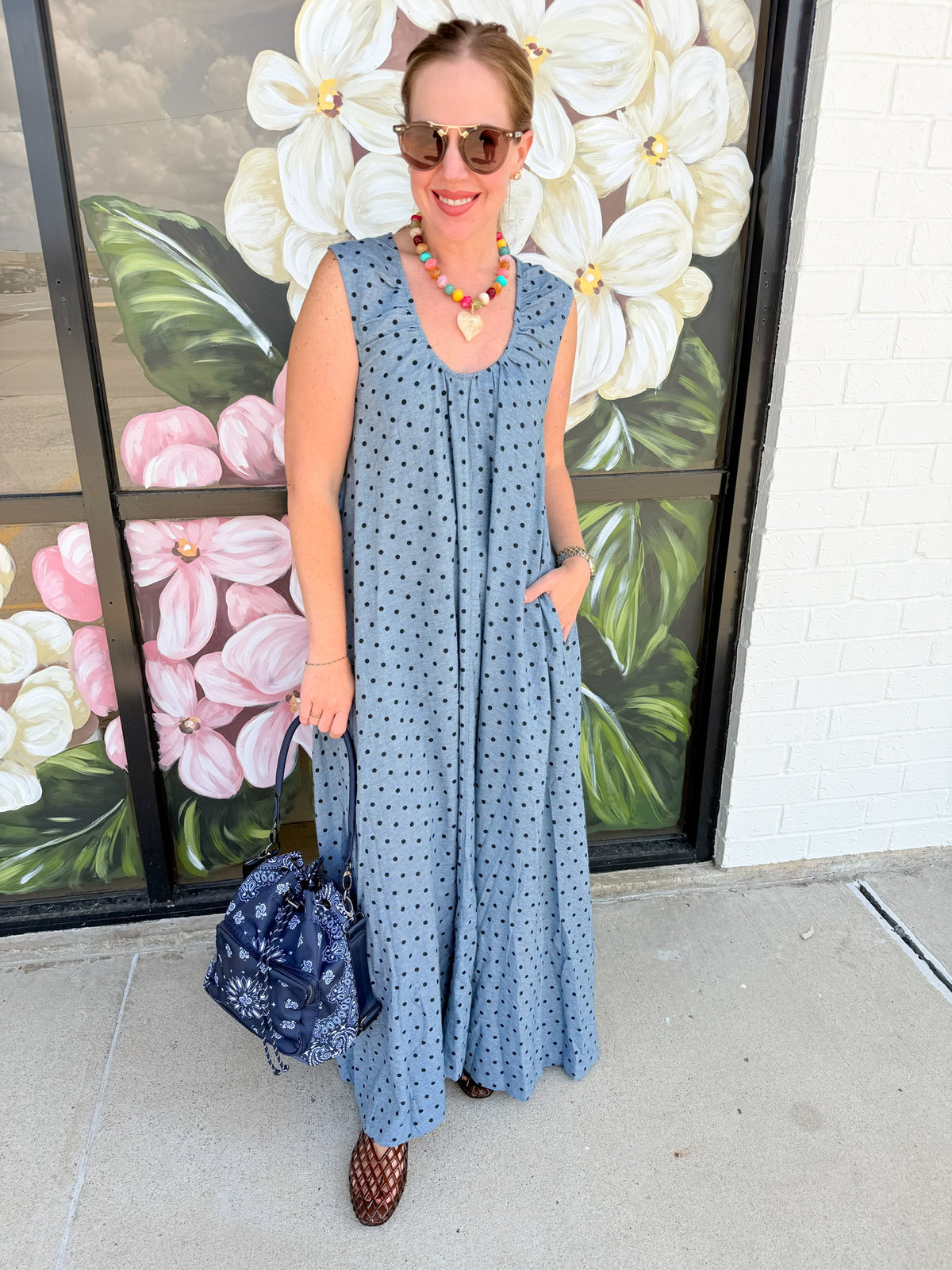 Denim Polka Dot Scoop Maxi Dress