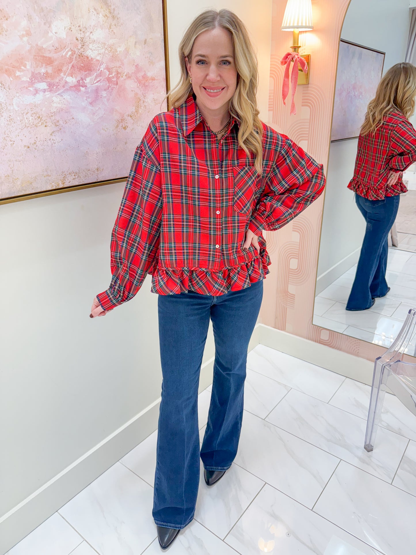 Tartan Ruffle Bottom Button Up Blouse