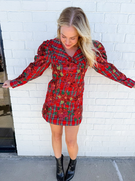 Plaid Poinsettia Collar Poof Sleeve Dress