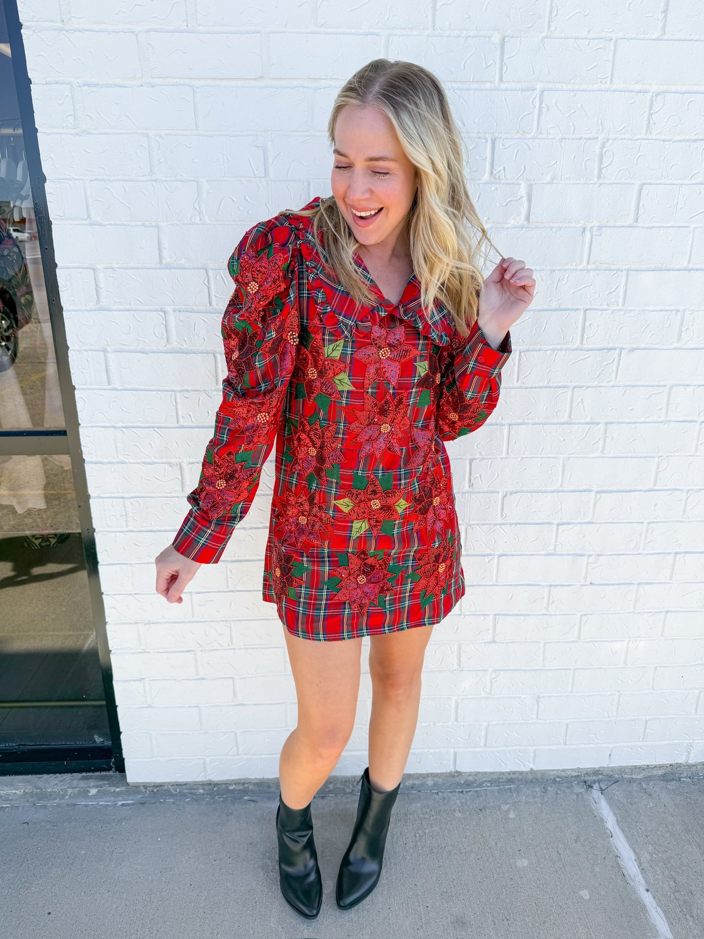 Plaid Poinsettia Collar Poof Sleeve Dress