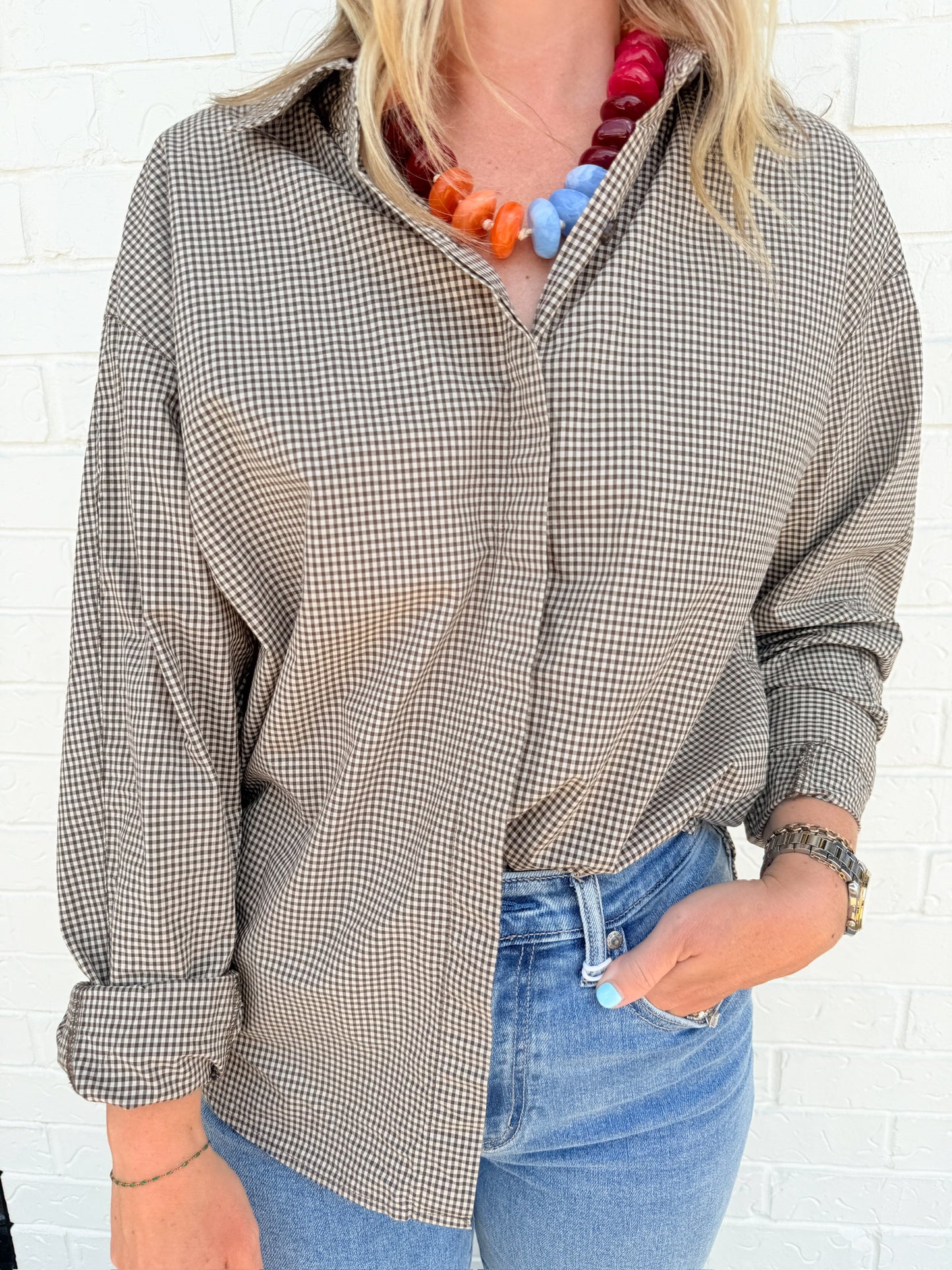 ZS On Duty Gingham Button Up Top