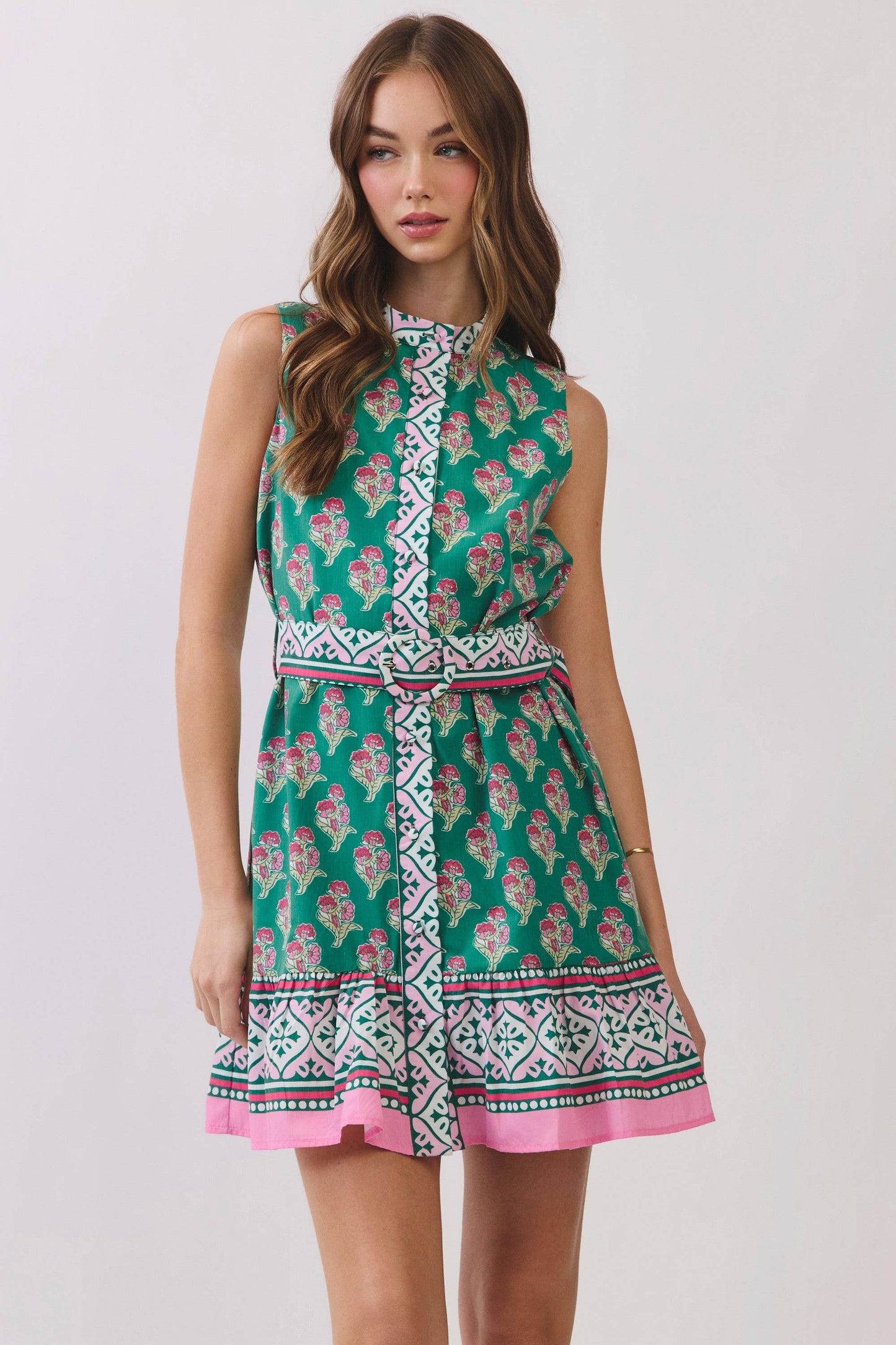 Floral Border Print Belted Mini Dress