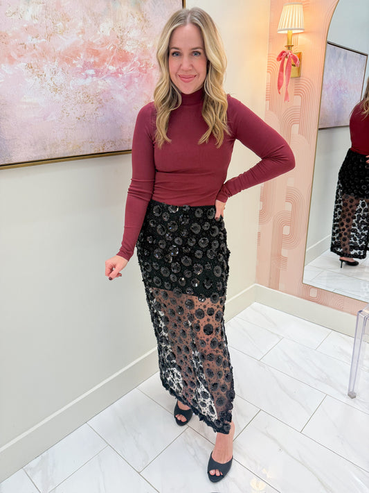 Sheer Textured Floral Midi Skirt