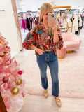 Floral Frond Puff Sleeve Button Down Blouse