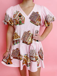 Poof Sleeve Sequin Gingerbread House Dress