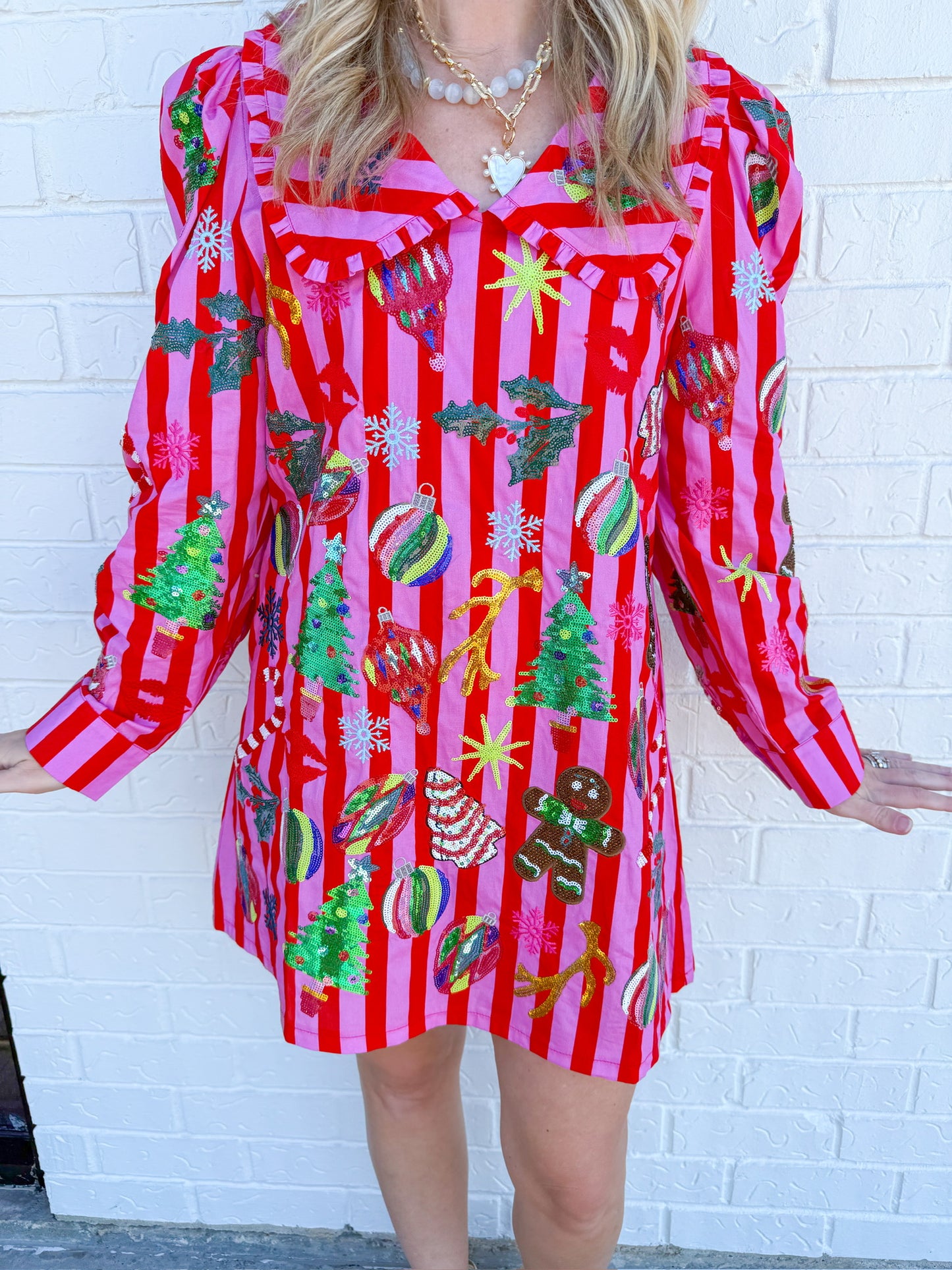 Stripe Christmas Icon Collar Dress