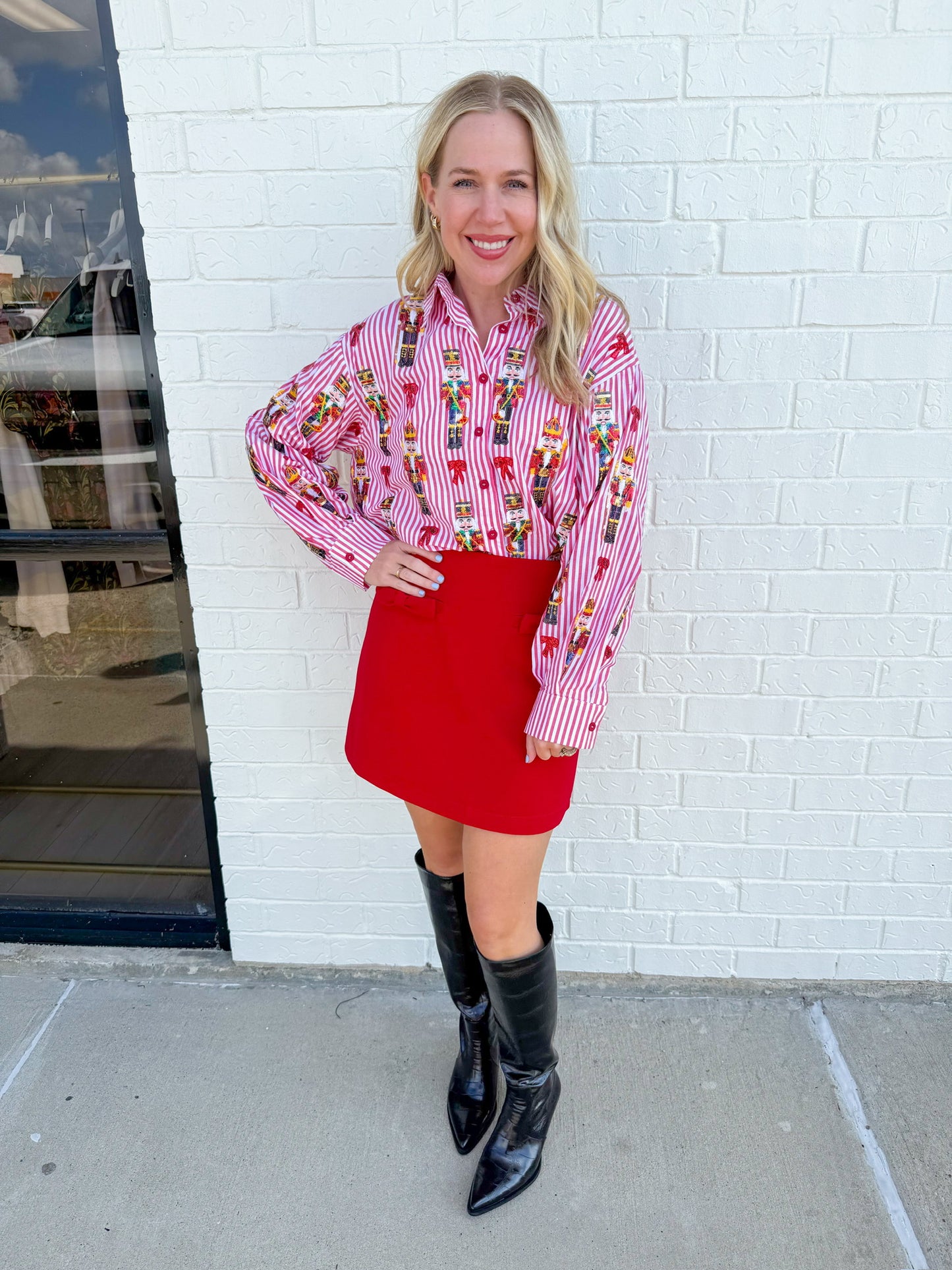 Stripe Nutcracker & Bow Button Up Top