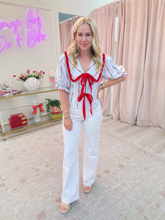 Sailor Floral Embroidered Tie Blouse