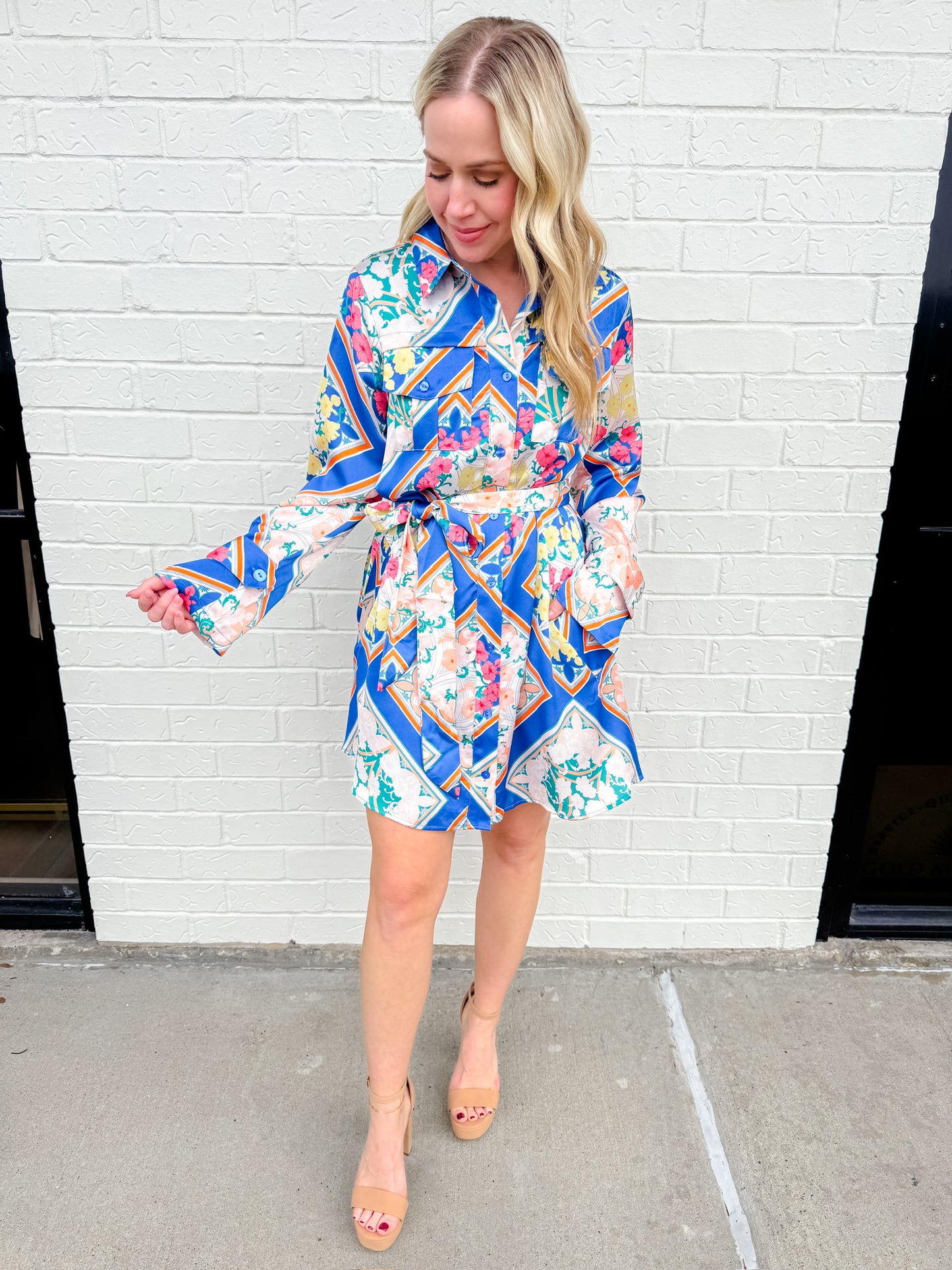 Aster Scarf Print Satin Shirt Dress