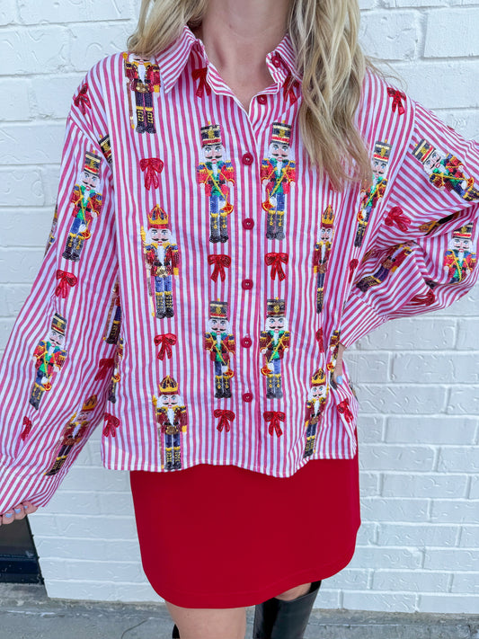Stripe Nutcracker & Bow Button Up Top