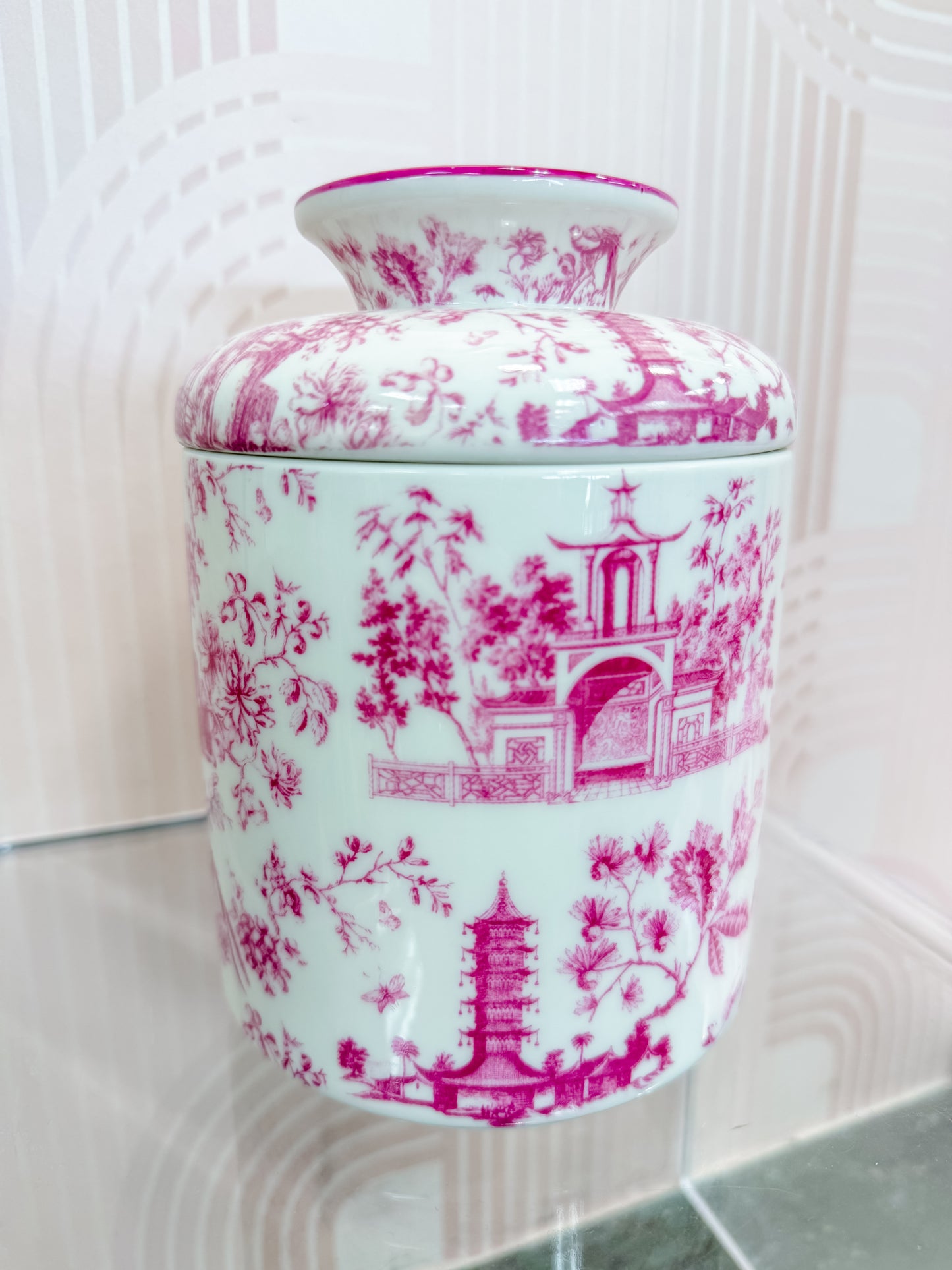 Porcelain Round Tissue Box Pink Toile